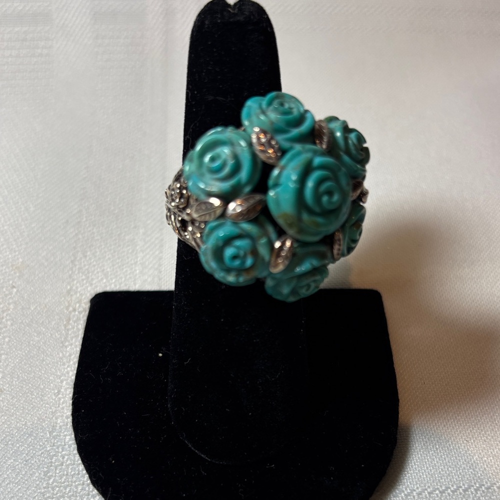 Turquoise Rose Cluster Statement Ring - Women's Floral Cocktail Ring